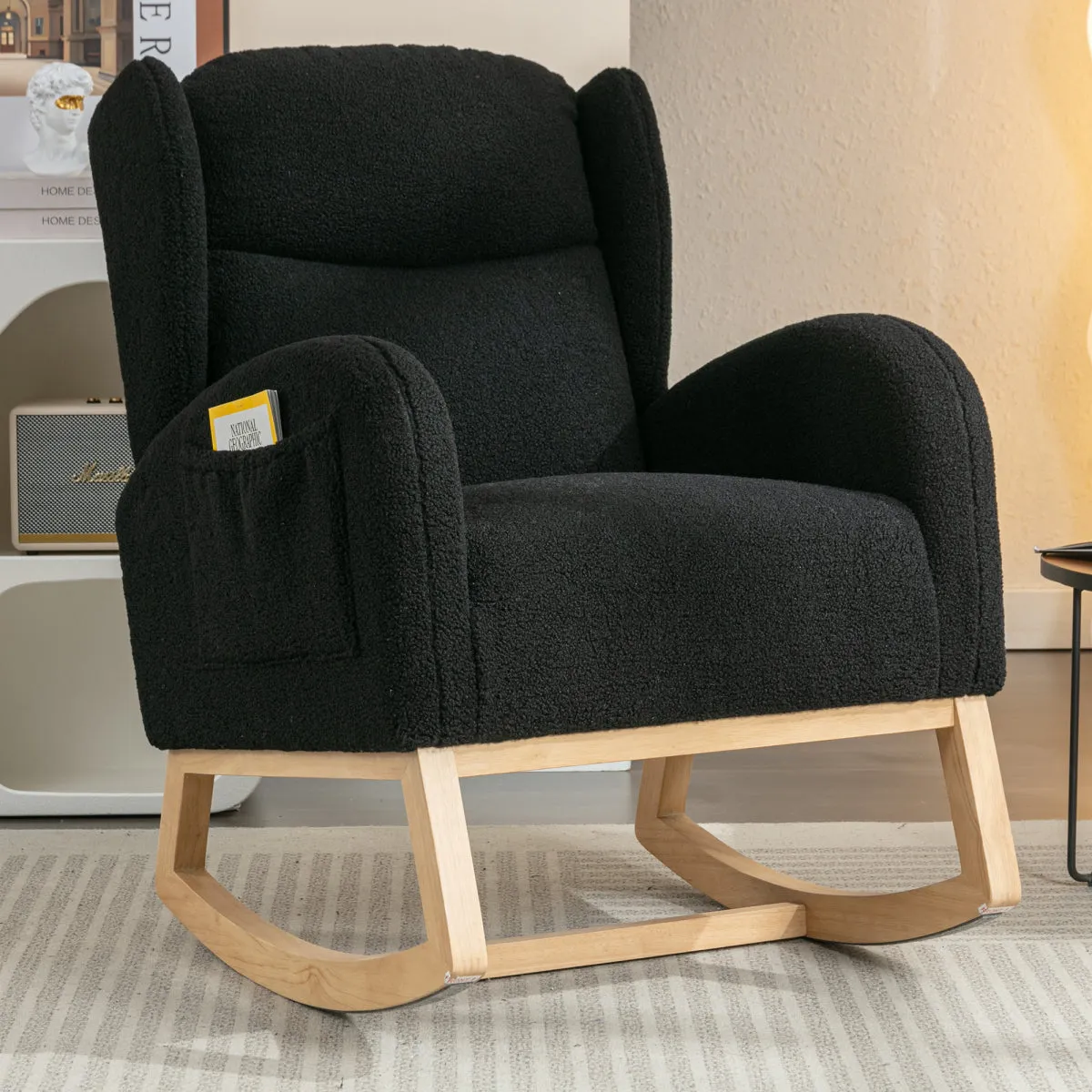 049-Teddy Fabric Rocking Chair With Packet Wood Legs,Black