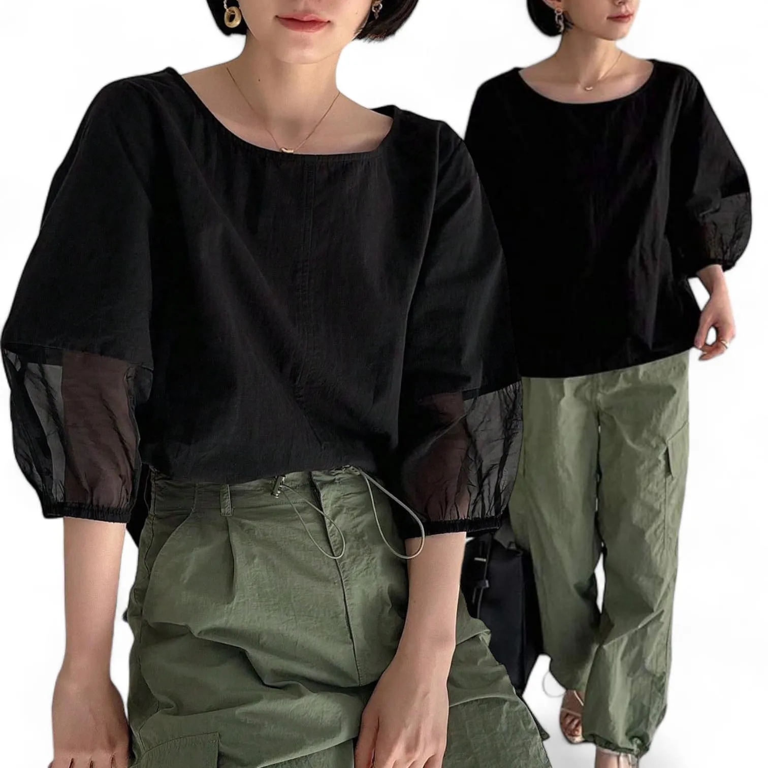 BLUSA Lantern Sleeves w Mesh Top