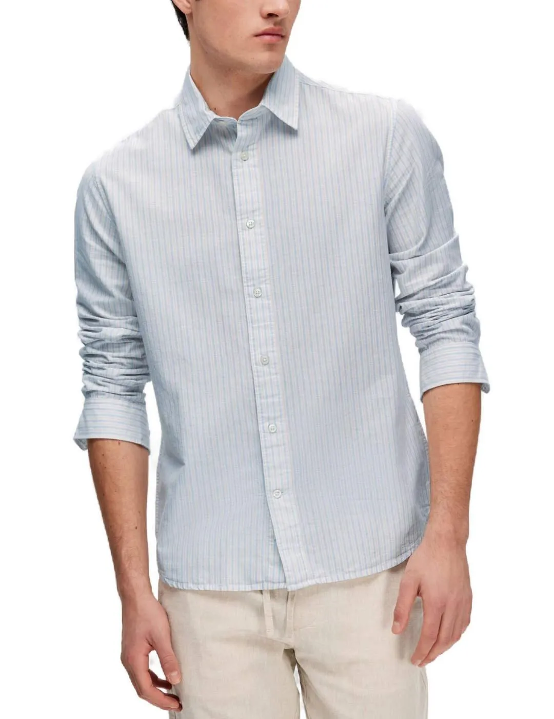 Camisa Selected Scot regular celeste rayas para hombre