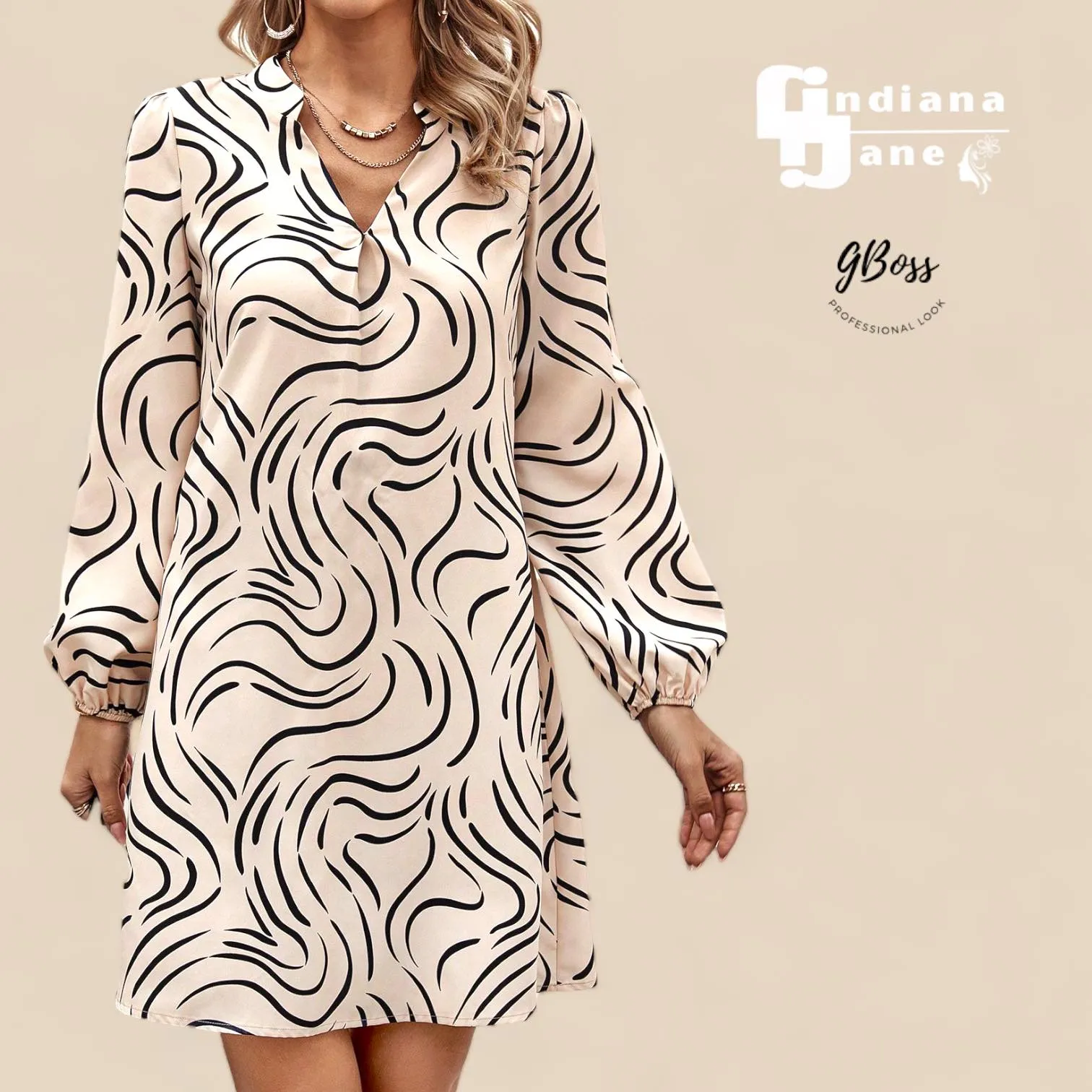 GBOSS Pattern Collared Lantern Sleeve Dress