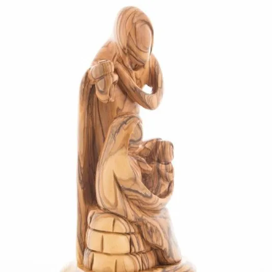 Jesus, Mary and Joseph Sculpture with a Lantern, 9.3 Abstract Hand Carved Olive Wood