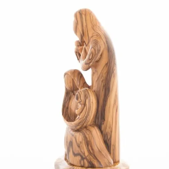 Jesus, Mary and Joseph Sculpture with a Lantern, 9.3 Abstract Hand Carved Olive Wood