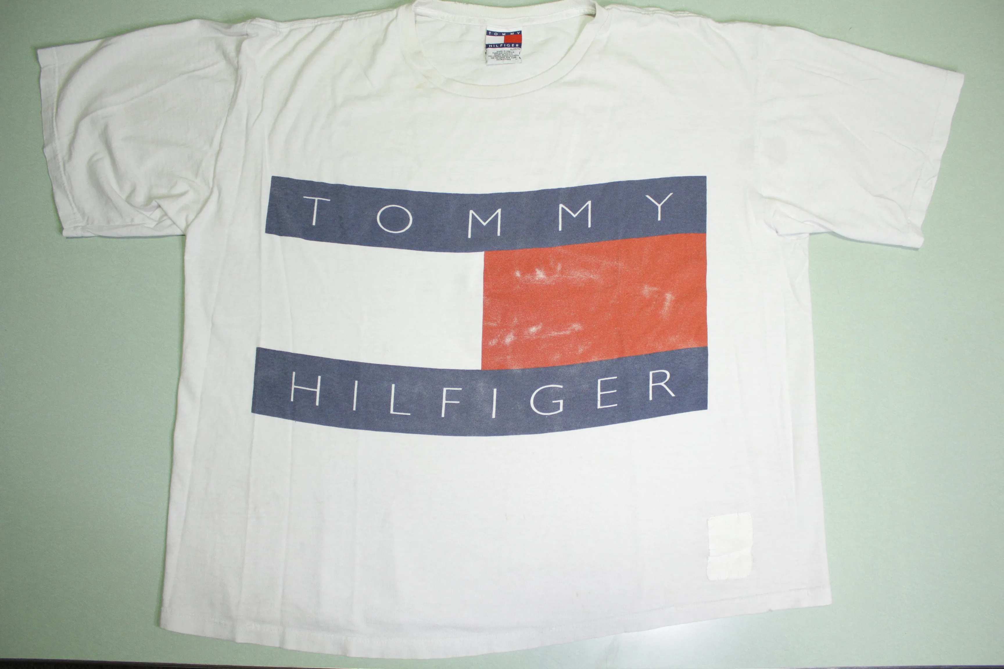 Tommy Hilfiger 90's Vintage Big Flag Spellout T-Shirt, Made in USA.