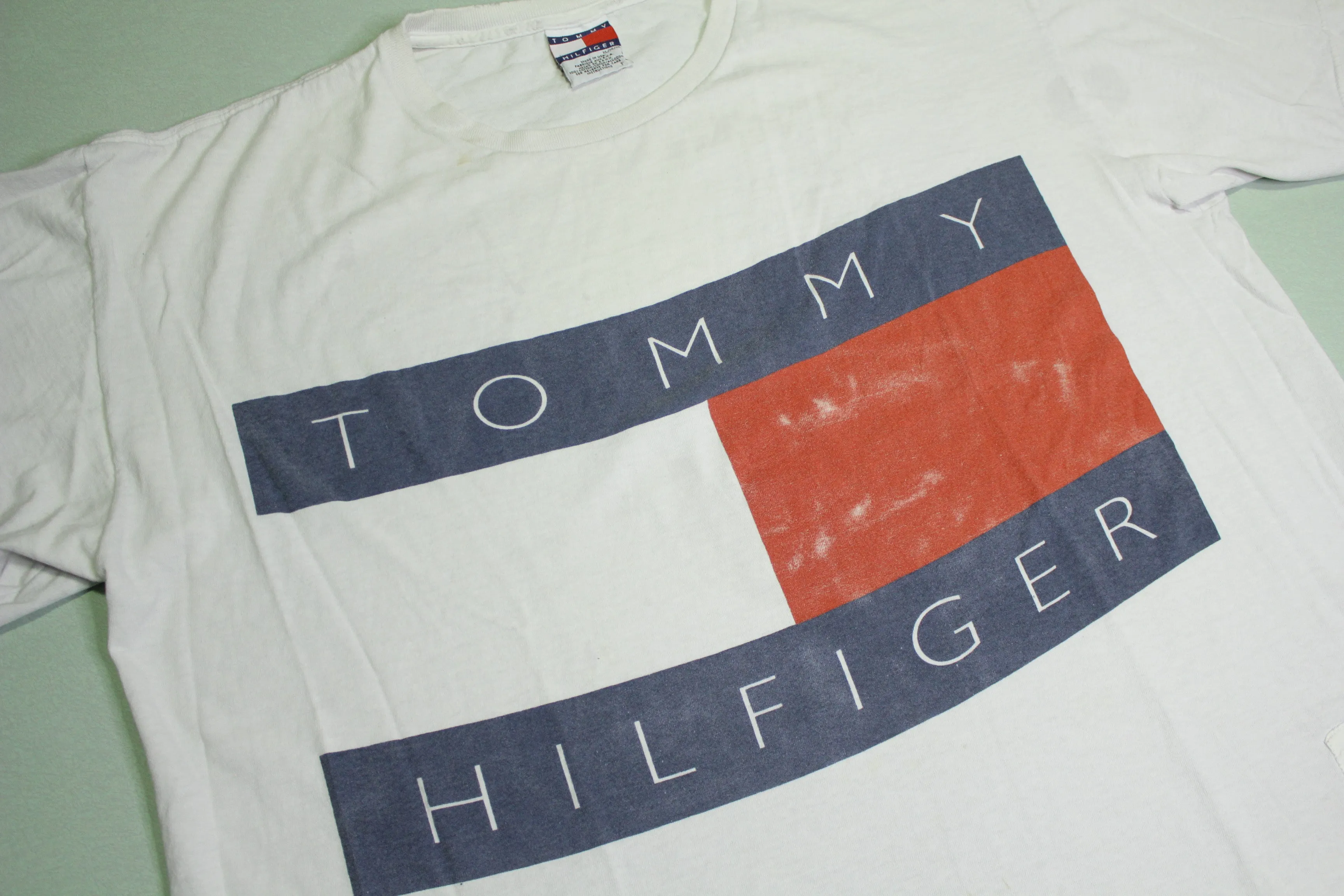 Tommy Hilfiger 90's Vintage Big Flag Spellout T-Shirt, Made in USA.