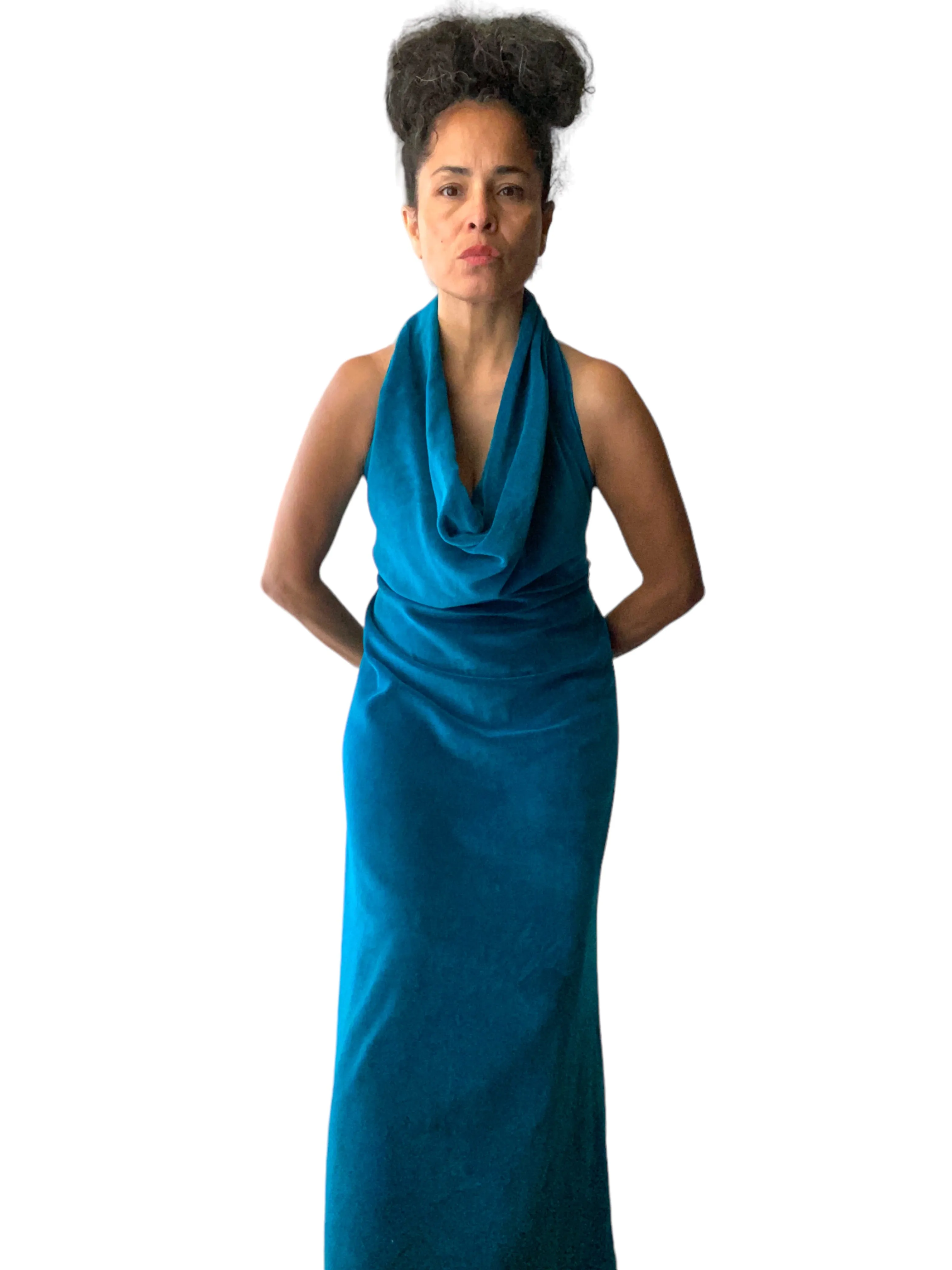 Y2K Teal Open Back Velour Halter Dress for sale.