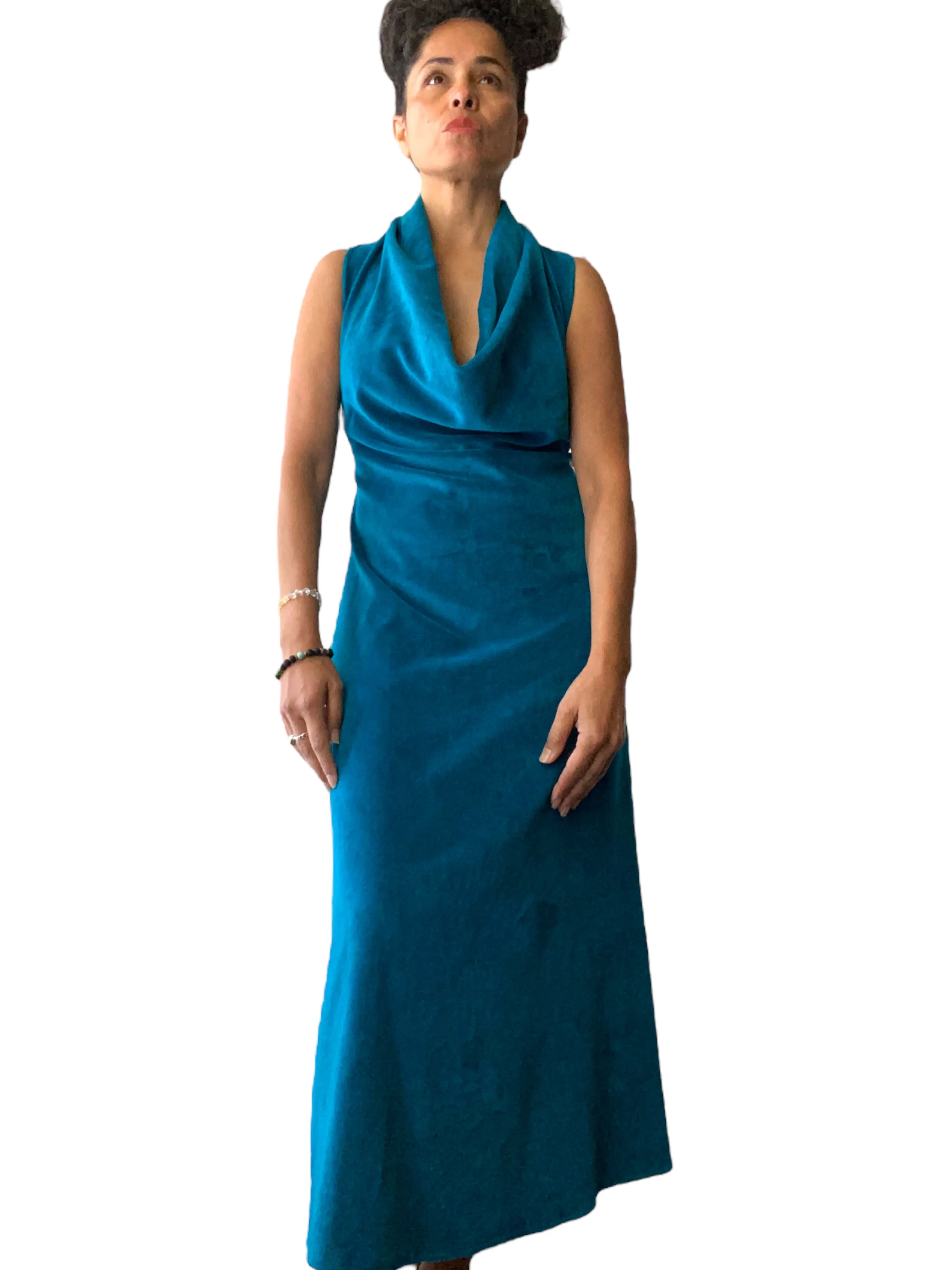 Y2K Teal Open Back Velour Halter Dress for sale.