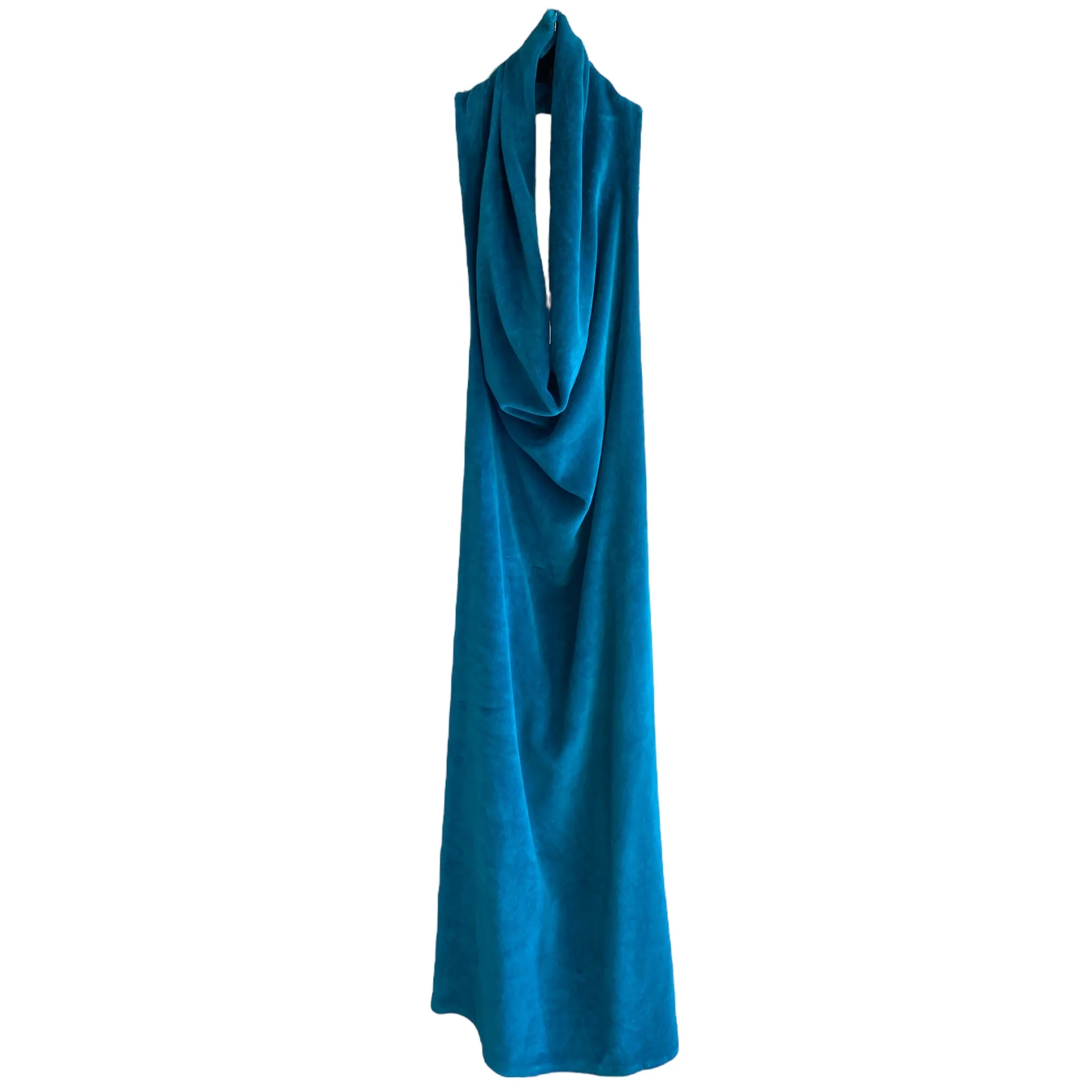 Y2K Teal Open Back Velour Halter Dress for sale.