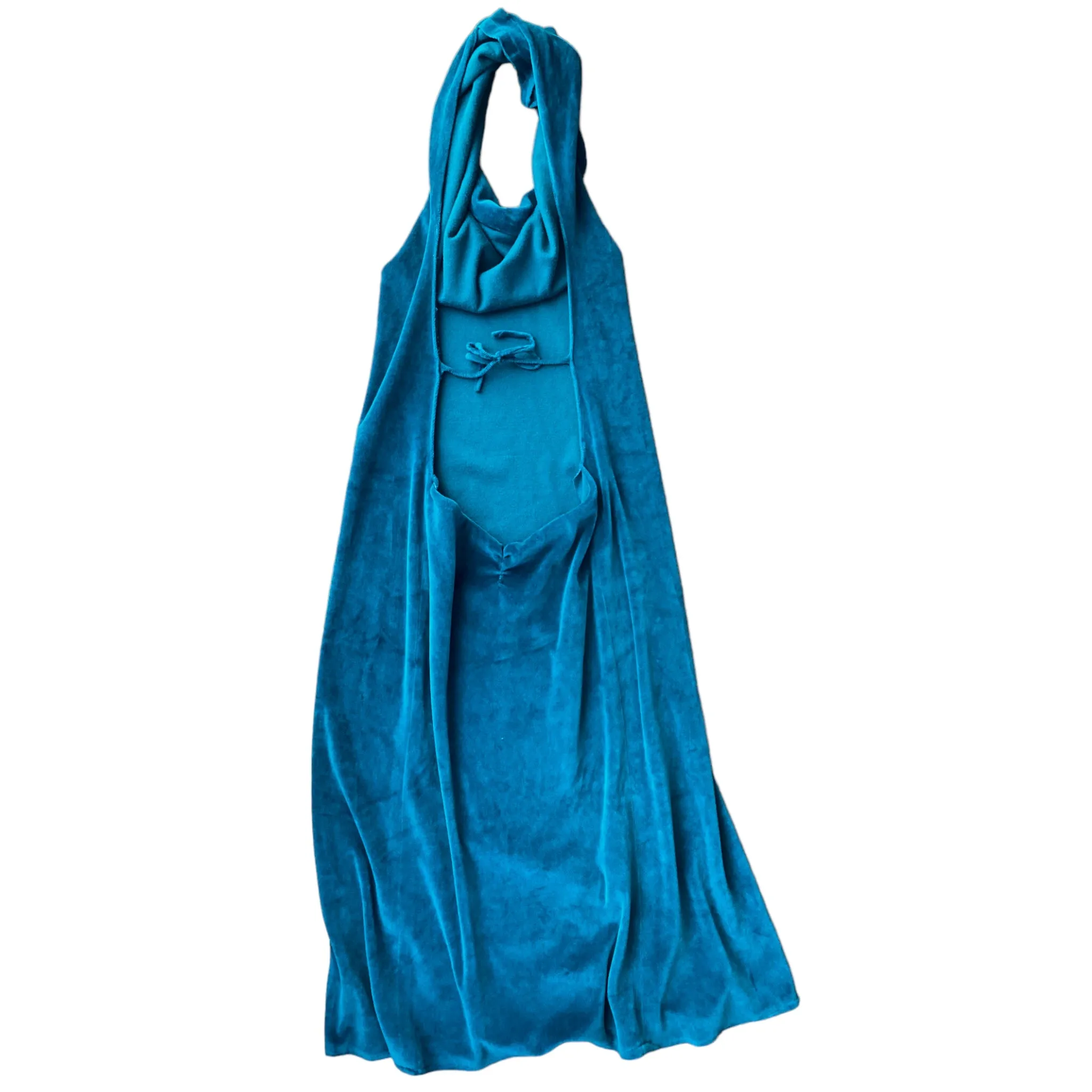 Y2K Teal Open Back Velour Halter Dress for sale.